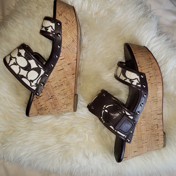 Coach Platform Wedge Open Toe Slide Sandals Brown Tan 6 - Picture 3 of 10